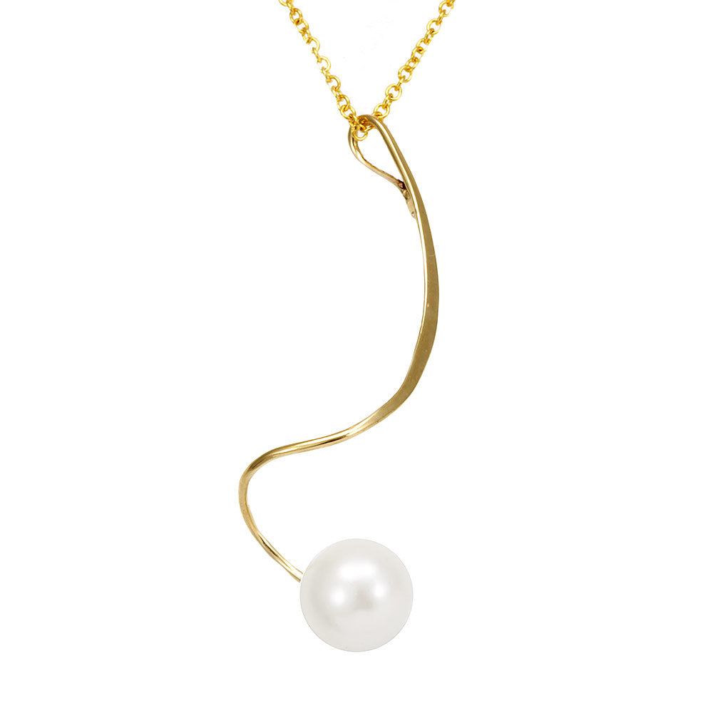 White Pearl Wire Pendant Necklace, 14K Yellow Gold Ladies Necklace, Pearl Pendant
